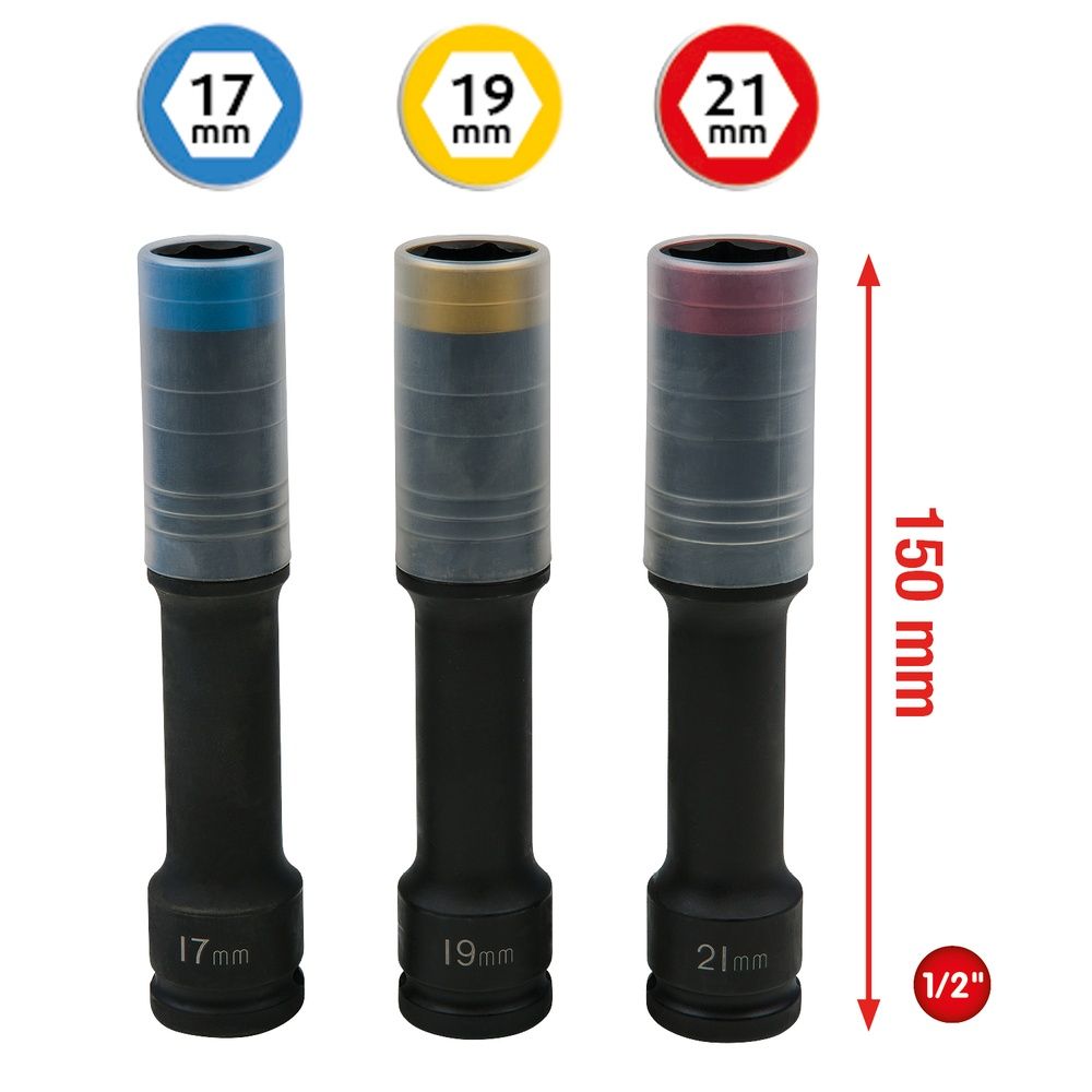 SlimPOWER Alu-Felgen Kraft-Stecknuss-Satz extra lang 3-tlg 1/2" 17 19 21mm