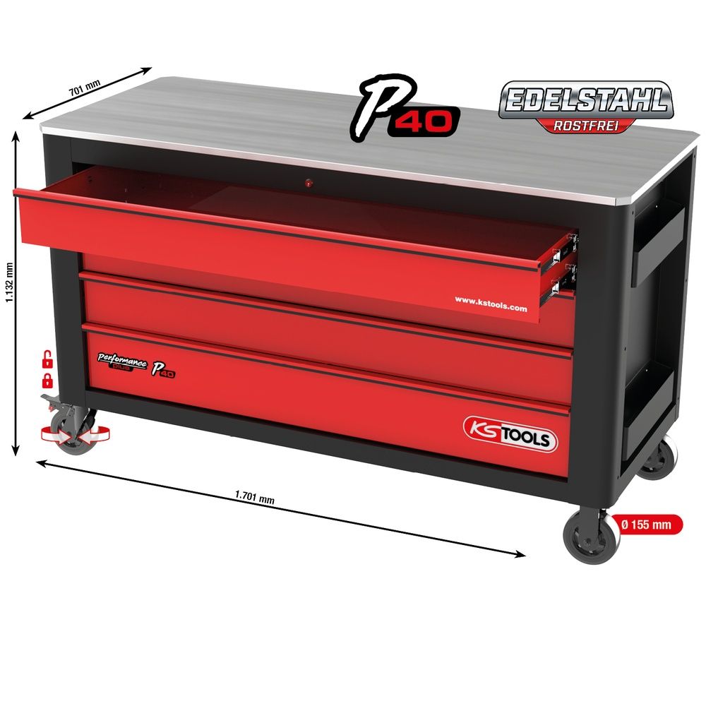 PERFORMANCEplus P40 SCHWARZ/ROT Werkstattwagen mit 4 Schubladen