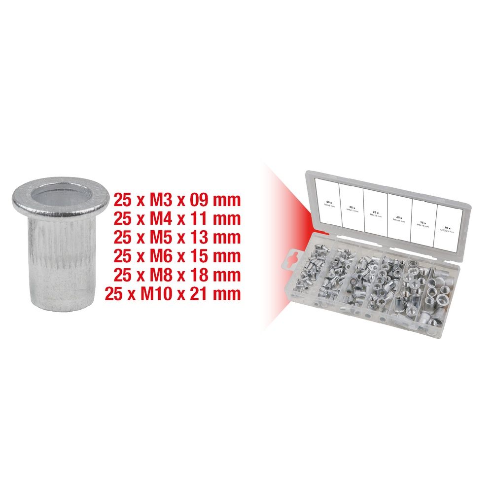 Sortiment Gewindenieten, Aluminium, M3x9mm-M10x21mm, 150-tlg