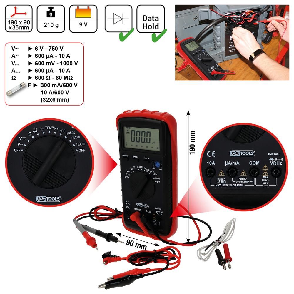 Digital Multimeter inkl. Prüfspitzen und Krokodilklemmen