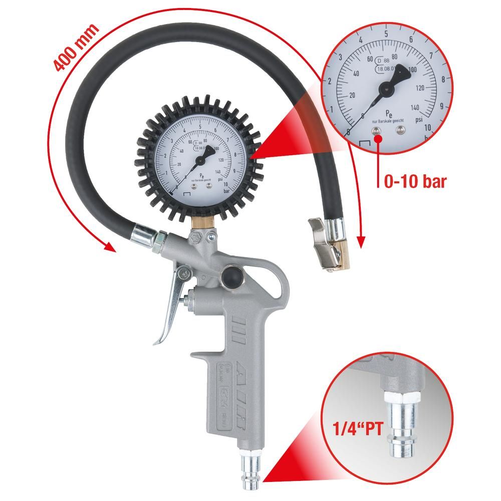 Geeichter Druckluft-Reifenfüllmesser 0-10 bar