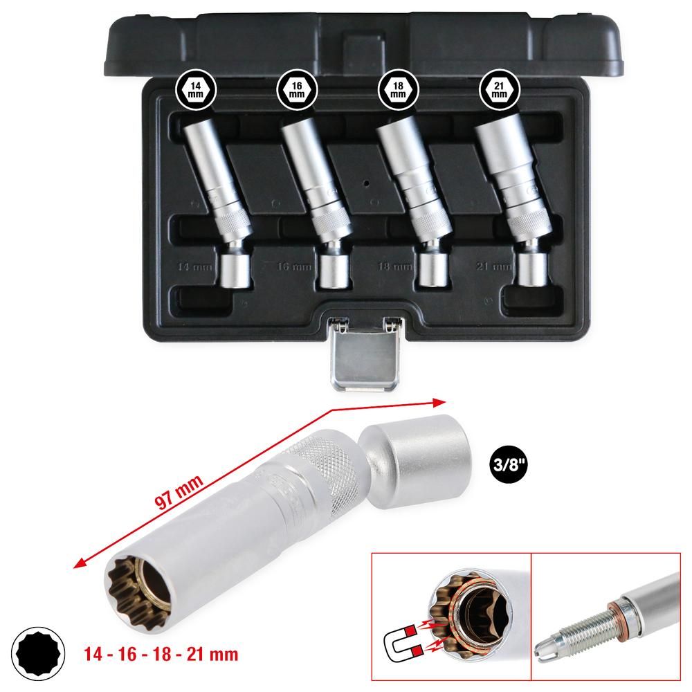 3/8" Zündkerzen-Stecknuss-Satz, 4-tlg, magnetisch mit Gelenk
