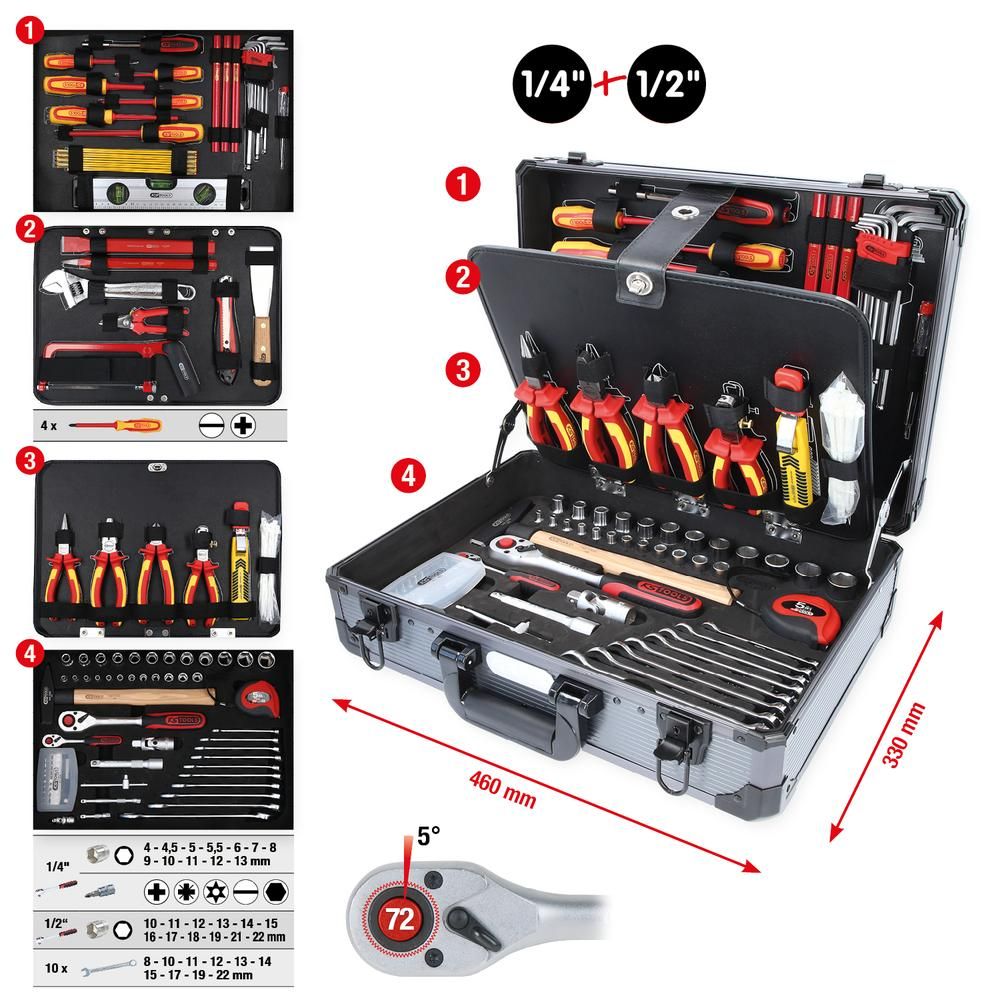 1/4" + 1/2" Elektriker-Werkzeugkoffer 128-tlg