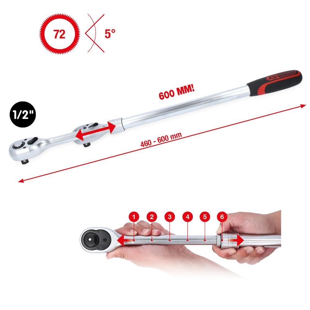 1/2" Teleskop-Umschaltknarre extra lang 72-Zahn