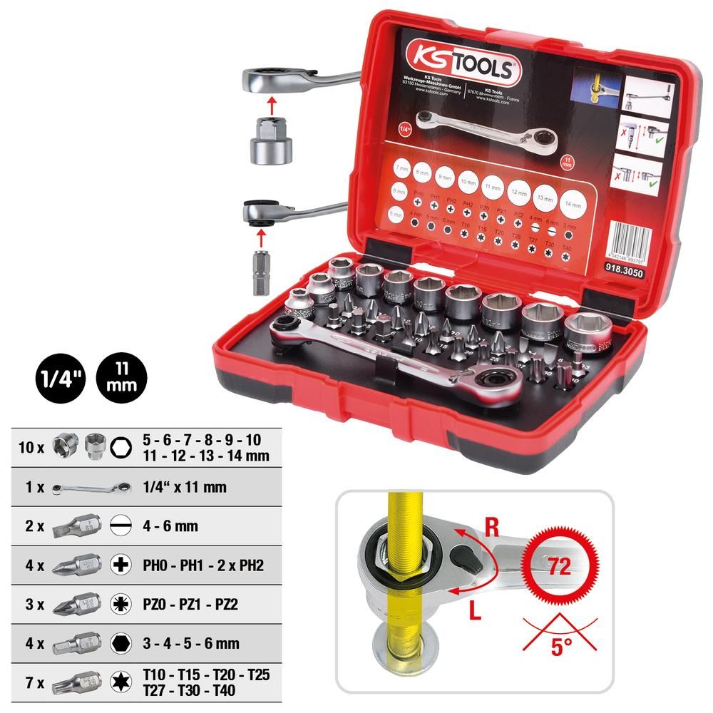 1/4" + 11 mm Durchgangs-Steckschlüssel- und Bit-Satz, 31-tlg