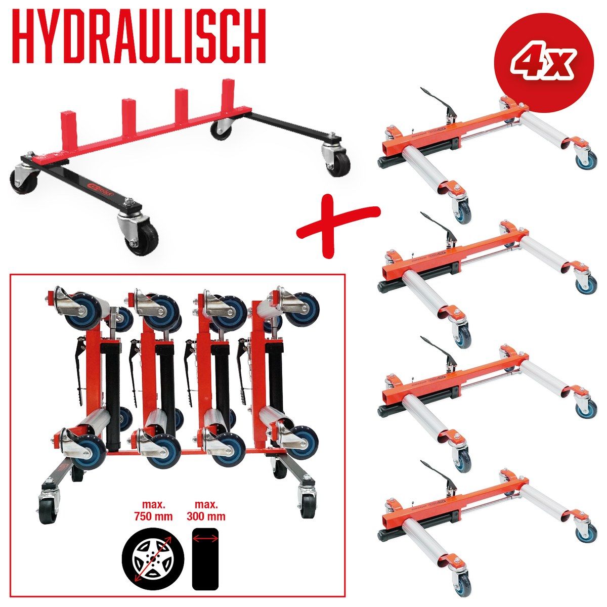 Aufbewahrungsgestell mit vier Rangierhilfen 5-tlg hydraulisch oder mechanisch