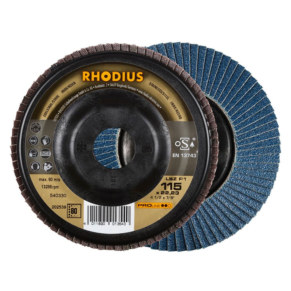 RHODIUS Fächerschleifscheibe LSZ P1 PROline Edelstahl und Stahl Ø 115–180 mm P24–P120