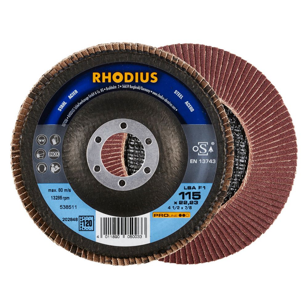RHODIUS Fächerschleifscheibe LSA F1 115x22.23 P120 schräg