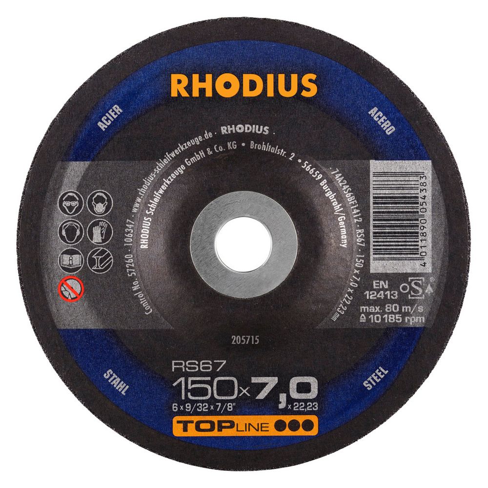 RHODIUS Schruppscheibe RS67 TOPline für Stahl 7 mm dick Ø 115-230 mm