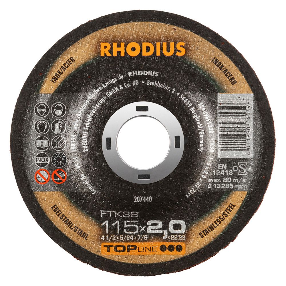 RHODIUS Freihandtrennscheibe FTK38 TOPline gekröpft für Edelstahl und Stahl Ø 100–230 mm