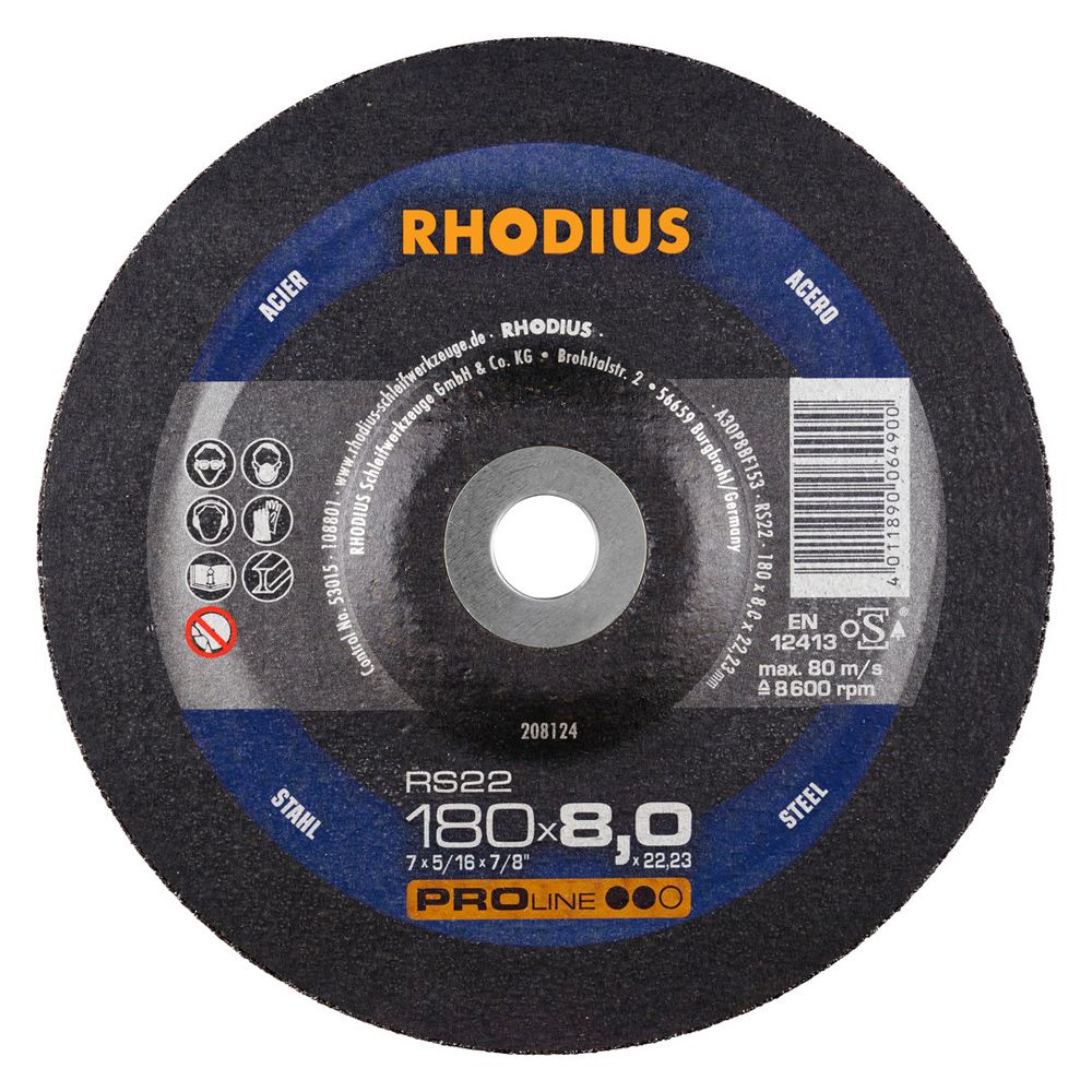 RHODIUS Schruppscheibe RS22 PROline für Stahl und Guss 8 mm dick Ø 180 und 230 mm