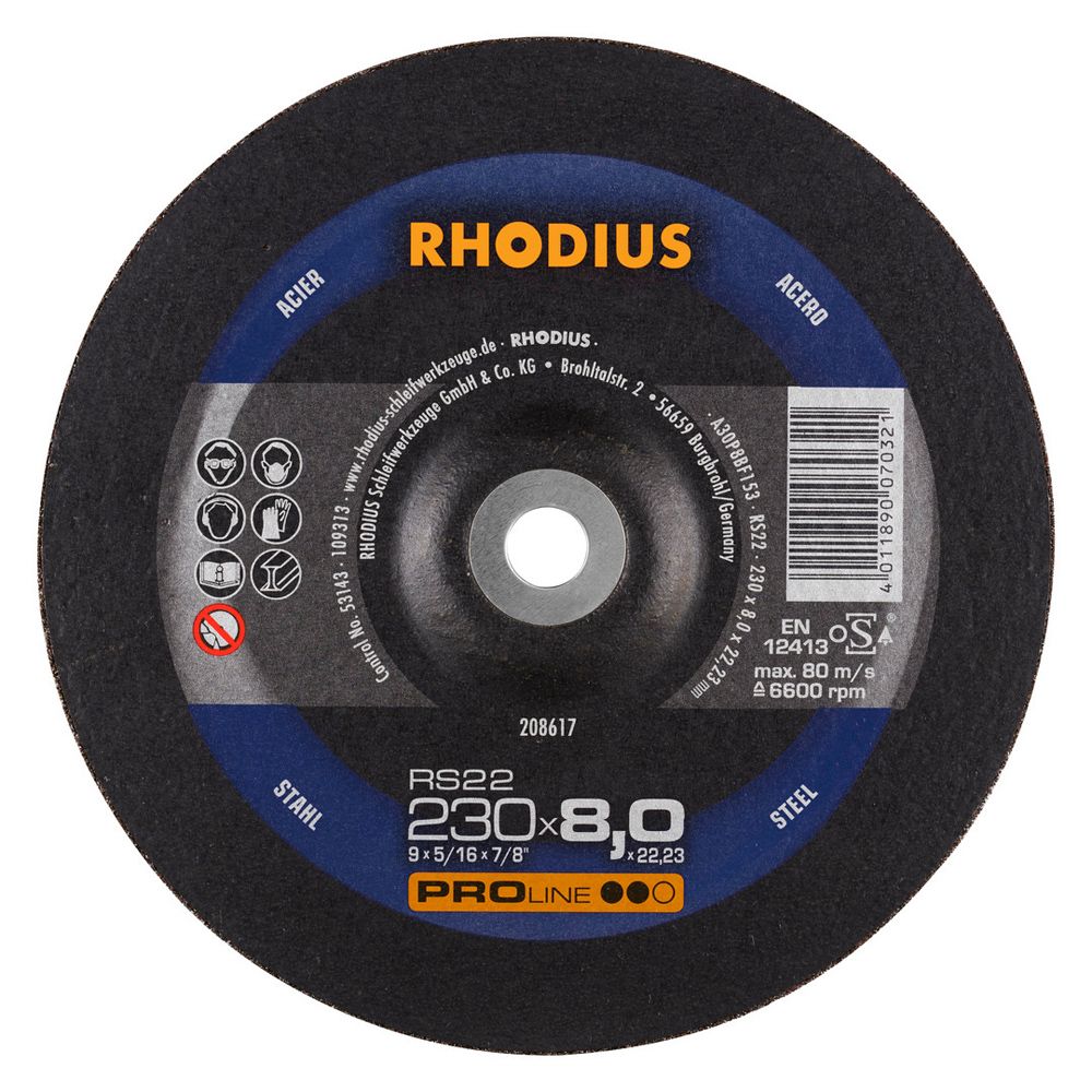 RHODIUS Schruppscheibe RS22 PROline für Stahl und Guss 8 mm dick Ø 180 und 230 mm, Bild 4