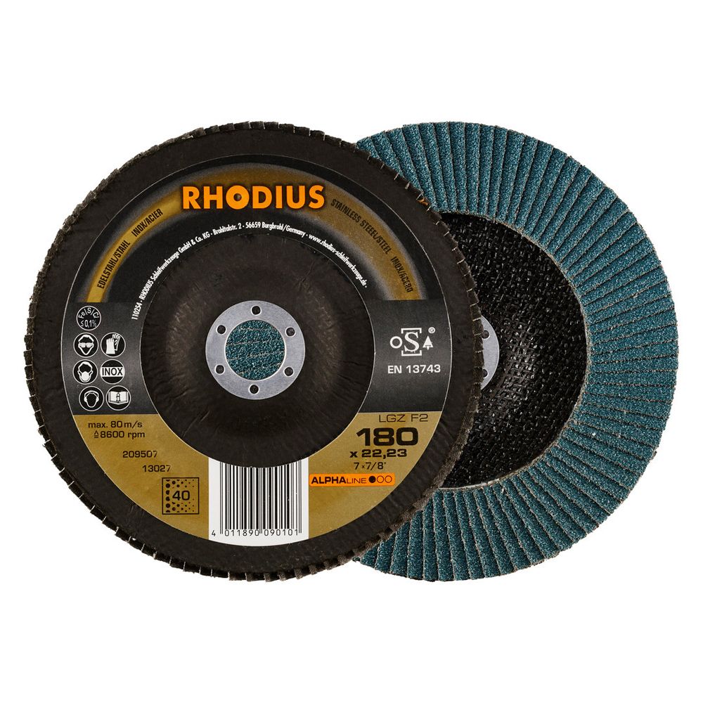 RHODIUS Fächerschleifscheibe LGZ F2 ALPHAline für Stahl und Edelstahl Ø 115 bis 180 mm