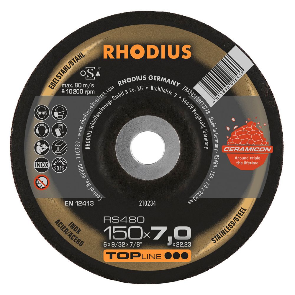 RHODIUS Schruppscheibe RS480 TOPline für Edelstahl Stahl und Guss 7 mm dick Ø 115-230 mm, Bild 10