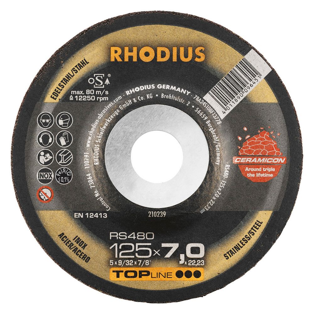 RHODIUS Schruppscheibe RS480 TOPline für Edelstahl Stahl und Guss 7 mm dick Ø 115-230 mm