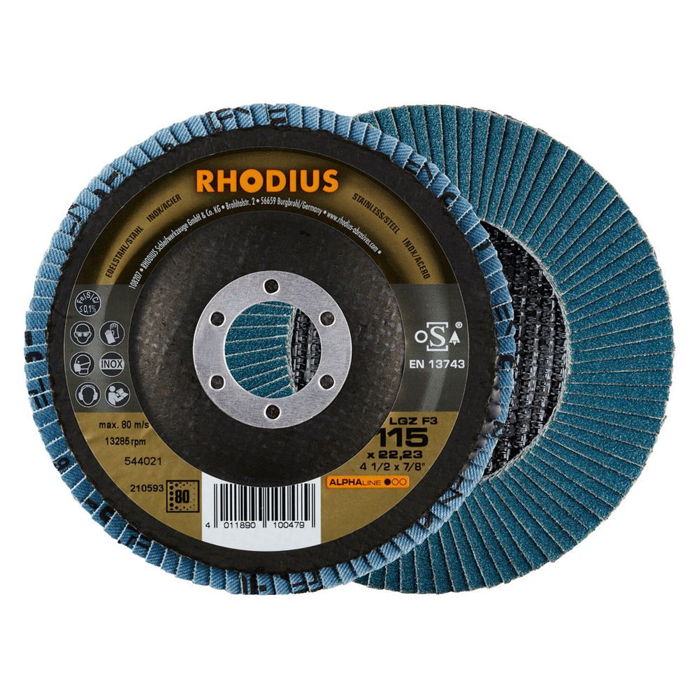 RHODIUS Fächerschleifscheibe LGZ F3 ALPHAline für Stahl und Edelstahl Ø 115 und 125 mm