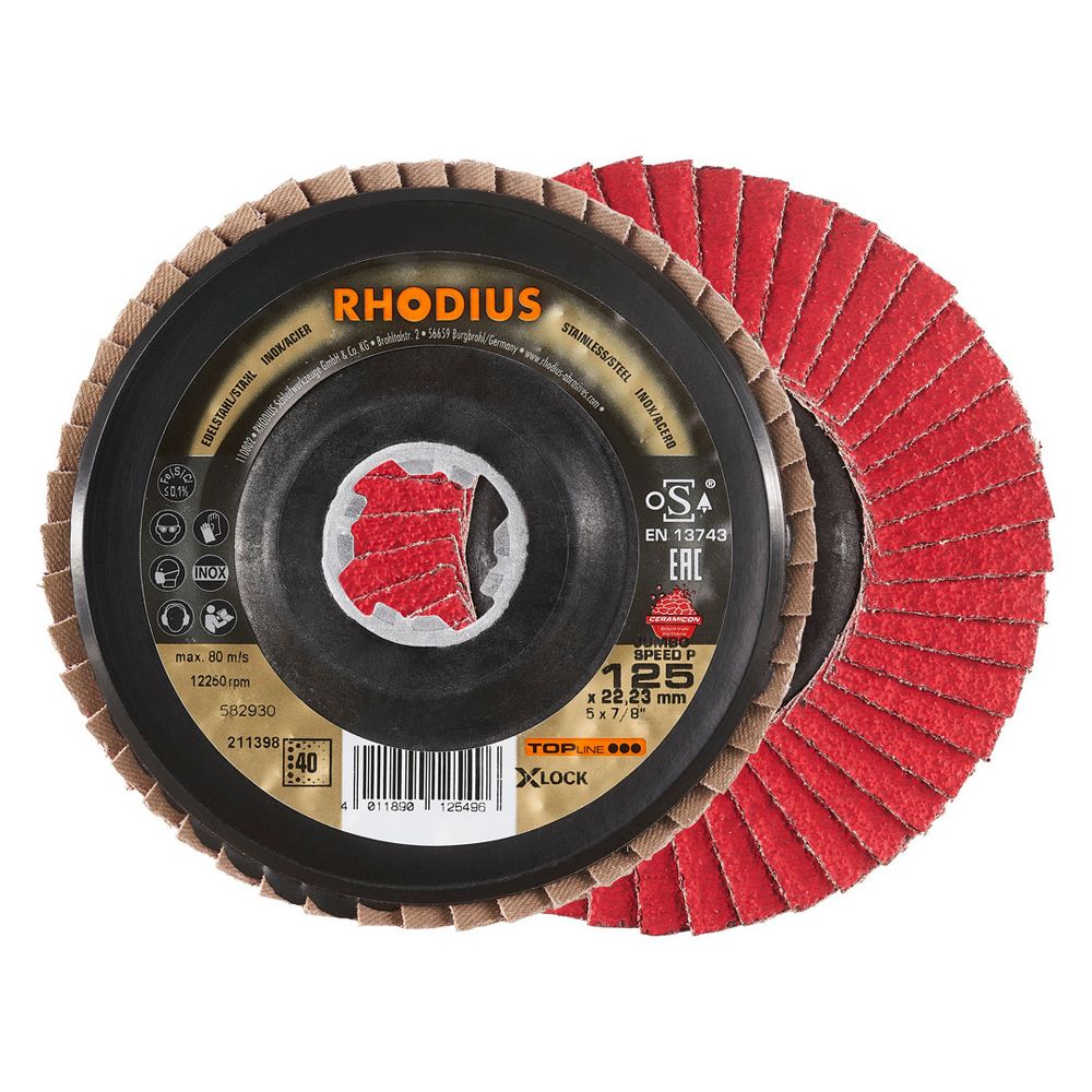 RHODIUS Fächerschleifscheibe JUMBO SPEED P X-LOCK 125x22.23 P40 schräg