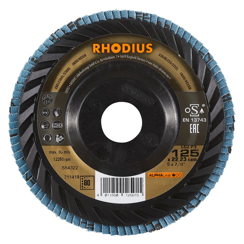 RHODIUS Fächerschleifscheibe LGZ P3 ALPHAline für Stahl und Edelstahl Ø 115 und 125 mm, Bild 2