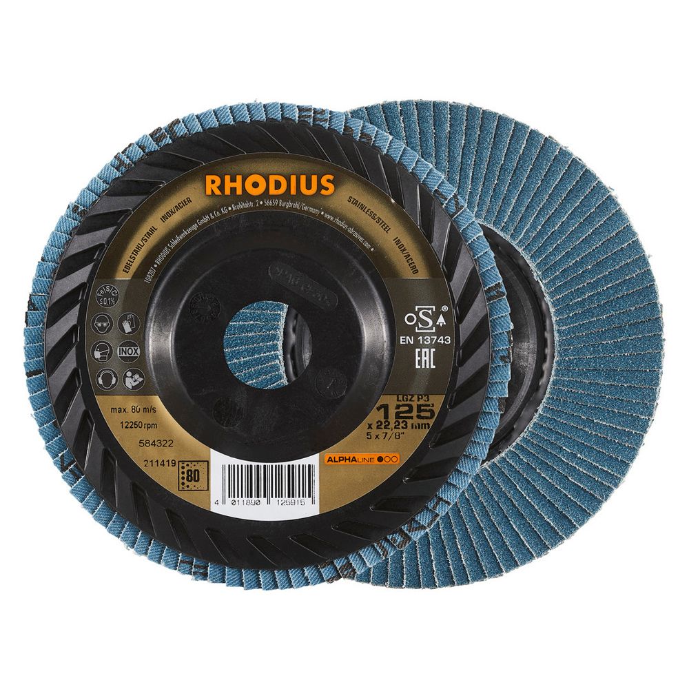 RHODIUS Fächerschleifscheibe LGZ P3 ALPHAline für Stahl und Edelstahl Ø 115 und 125 mm
